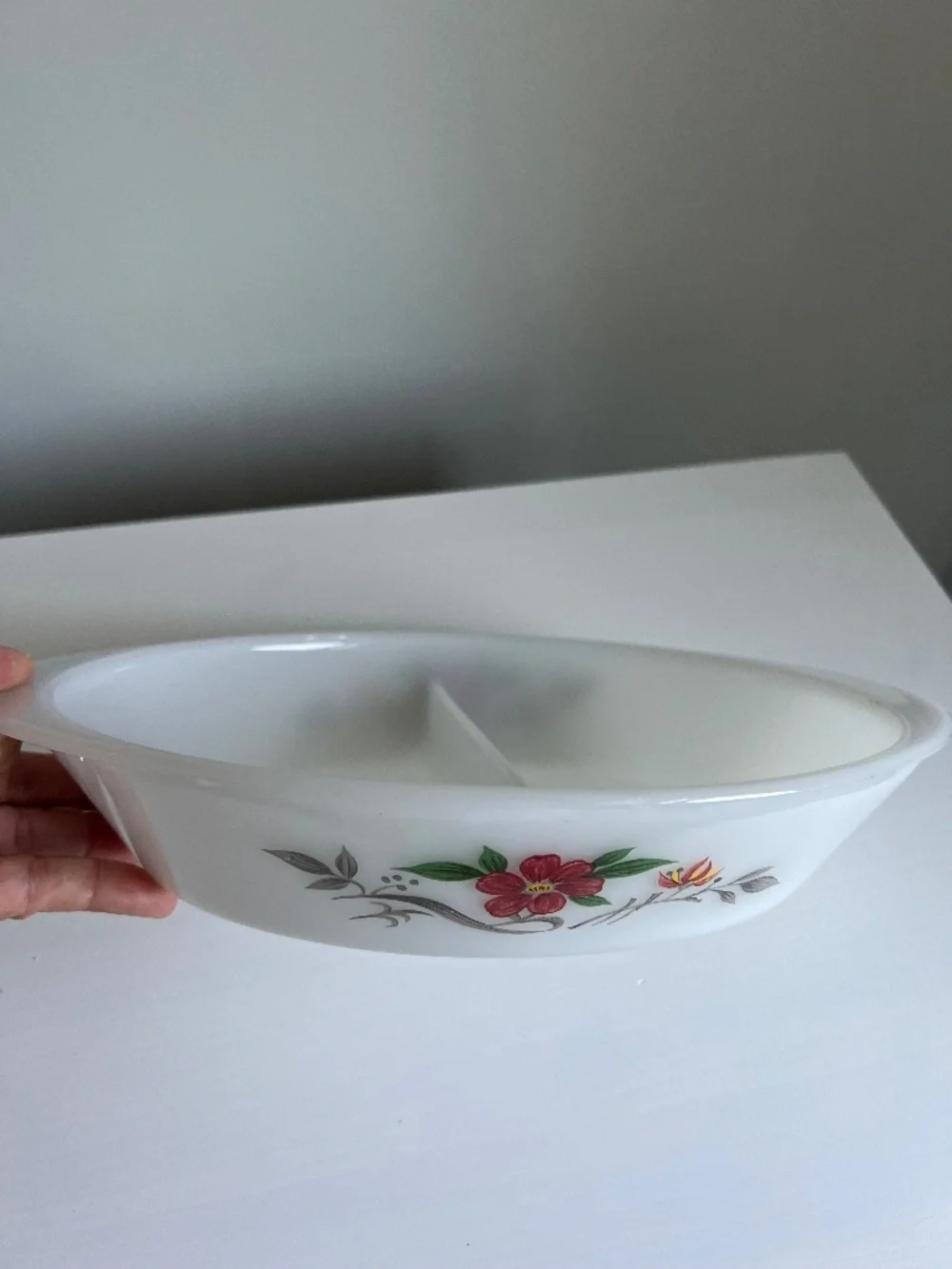 Vintage Glassbake milk glass divided casserole dish J2352.